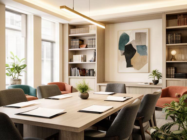 Interior sobrio de un despacho jurídico con mesa de reuniones y estanterías